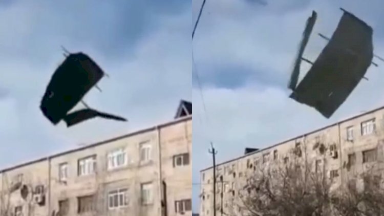    Külək binanın dam örtüyünü uçurdu - Video   