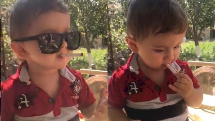    Tacir Şahmalıoğlunun bir yaşlı oğlu damağında siqaretlə... - Video   