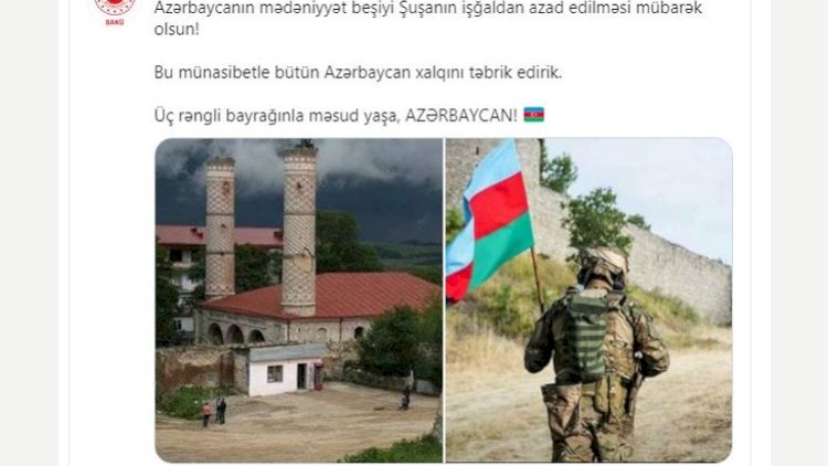    Türkiyə Səfirliyi: Azərbaycanın mədəniyyət beşiyi Şuşanın azadlığı mübarəkdir!   