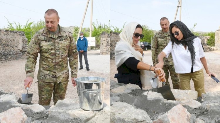    Prezident və birinci xanım Zəngilan məscidinin divarına daş hördülər -   Fotolar