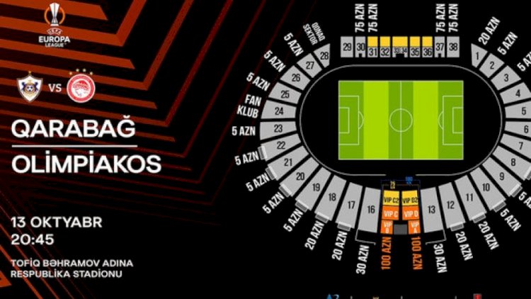    “Qarabağ“-“Olimpiakos“ matçının biletləri satışa çıxarıldı:   100 manat...