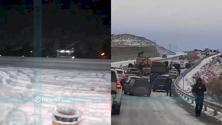    Qar və şaxtalı hava bu yolu iflic etdi: Sürücülər saatlarla yolda qaldılar   