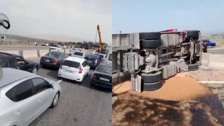    Hacıqabulda TIR aşdı, taxıl yola dağıldı   